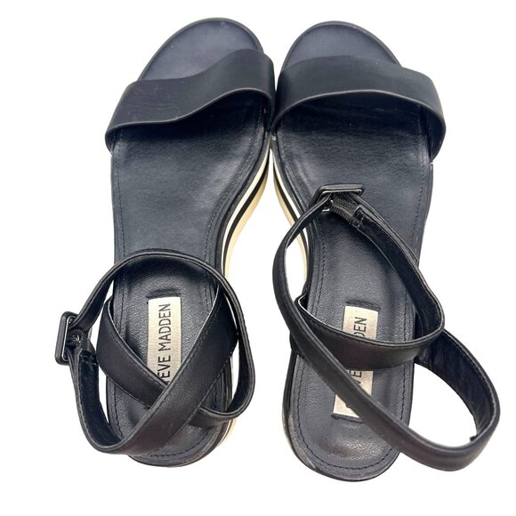 Steve Madden Black Platform Sandals Striped Sole Size 9.5 Straps Adjustable - Picture 6 of 11